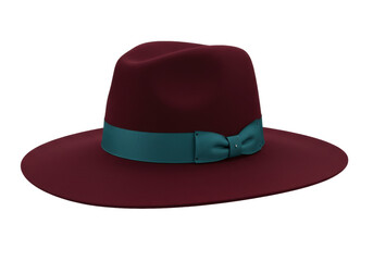 Isolated fashionable burgundy hat with turquoise ribbon for style and sun protection