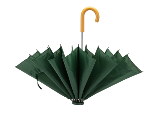 Isolated green inverted umbrella, closed, handle curved and golden, rain gear for protection