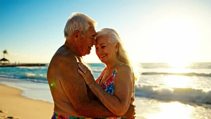 Elderly Couple Embracing and Kissing on a Beach at Sunset