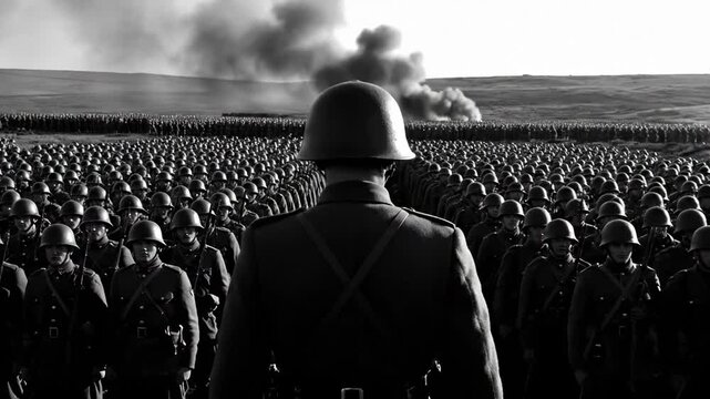 Soldier stands before massive military formation. Troops prepare for deployment in dramatic battlefield atmosphere. Tension builds as smoke rises in distance.