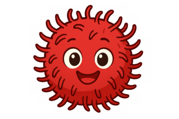 Red cartoon virus character smiling, representing germ, bacteria, infection, health, and disease awareness