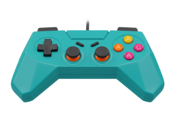 Isolated video game controller in teal color with black accents, gaming equipment