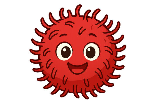 Red cartoon virus character smiling, representing germ, bacteria, infection, health, and disease awareness - Powered by Adobe