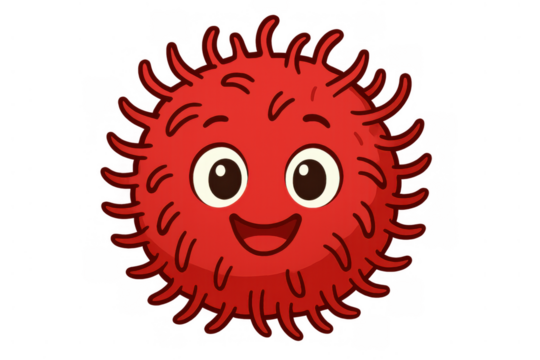 Red cartoon virus character smiling, representing germ, bacteria, infection, health, and disease awareness