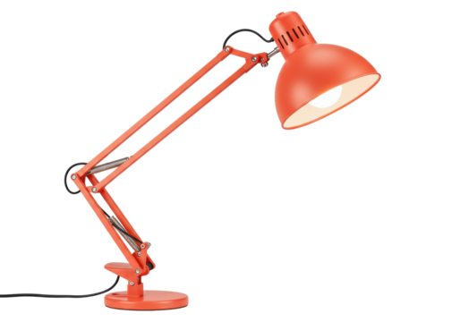 Isolated flexible orange desk lamp for reading or writing, adjustable articulated arm