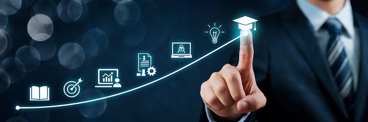 A businessman in a suit is pointing to a graduation cap icon on a virtual graph, symbolizing career development and educational advancement in business