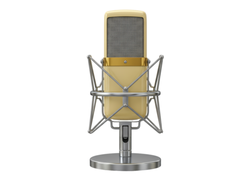 Isolated vintage-style microphone in studio mount for professional vocal recording equipment - Powered by Adobe