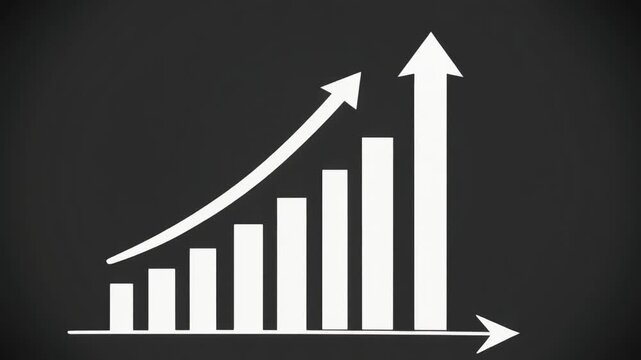 Bar graph showing growth with arrow pointing upwards on black background.