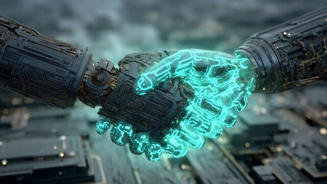 ロボットの手が回路パターンで握手する場面描写
