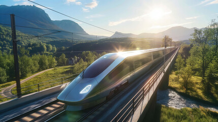 High-speed train on the way. The train travels through beautiful landscape. Advanced technology. Public passenger transport.	
