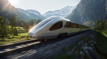 High-speed train on the way. The train travels through beautiful landscape. Advanced technology. Public passenger transport.	
