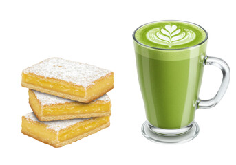 Isolated Lemon Bar Stack & Matcha Latte in a Mug, Sweet Treat, Dessert Food & Green Beverage