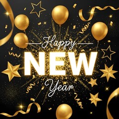 Happy New Year Celebration Greeting Card Golden Glitter Particles Sparkles Confetti Ribbons Balloons Stars Black Background
