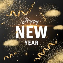 Happy New Year Fireworks Explosion Golden Confetti Ribbons Black Background Festive Holiday Event