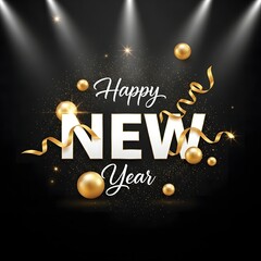 Happy New Year Stage Spotlights Golden Baubles Ribbons Dark Background Holiday Celebration Greeting Card