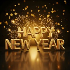 Happy New Year Golden Inflatable Letters with Firework Bursts and Bokeh Lights