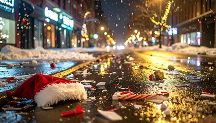 The lonely aftermath of a Christmas celebration, a discarded Santa hat and debris litter a wet city street at night under falling snow