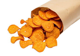 Isolated sweet potato chips spilling from paper sack, crispy fried snack, crunchy healthy appetizer