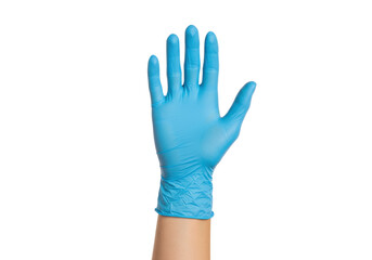 Isolated hand in blue medical glove reaching upward, gesture for stop, protection, help