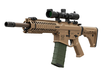Isolated Tactical firearm with scope, ammunition magazine, weapon, assault rifle, close-up