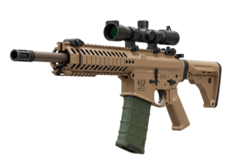 Isolated Tactical firearm with scope, ammunition magazine, weapon, assault rifle, close-up