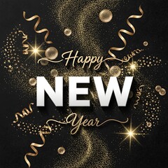 Abstract Happy New Year White Text with Gold Glitter and Streamers on Dark Background