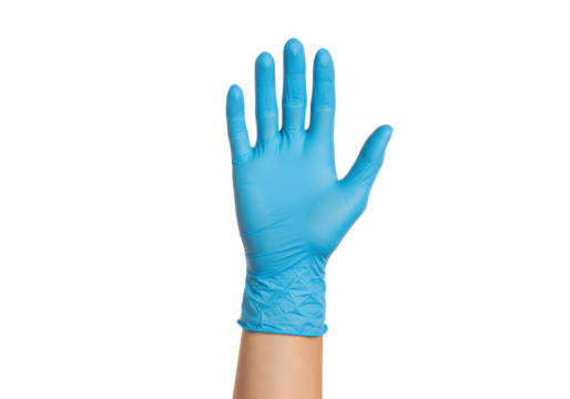 Isolated hand in blue medical glove reaching upward, gesture for stop, protection, help