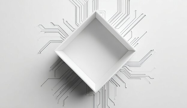 Empty white box with electronic circuit lines on a plain for technology theme