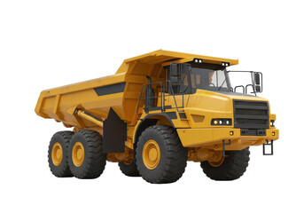 Isolated yellow heavy dump truck used for construction, ore quarry mining, industrial work