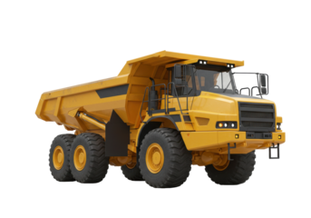 Isolated yellow heavy dump truck used for construction, ore quarry mining, industrial work