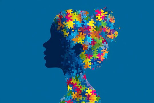 A silhouette of a woman s head filled with colorful puzzle pieces
