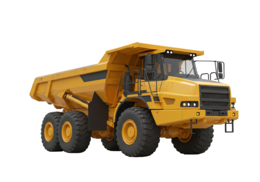 Isolated yellow heavy dump truck used for construction, ore quarry mining, industrial work