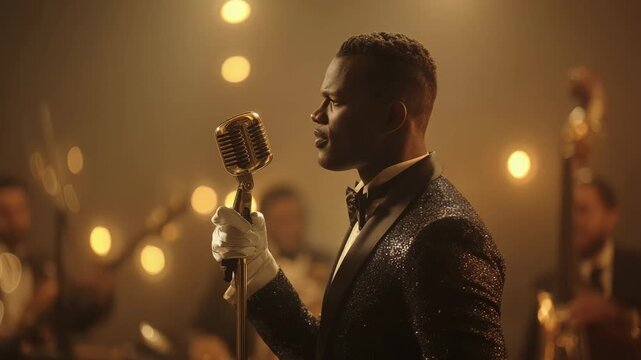 A Black singer performs on stage with a vintage microphone and a band.
