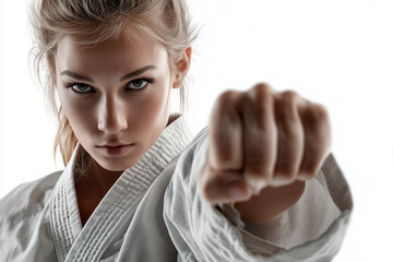 Focused Young Female Karateka Delivering a Powerful Punch in White Gi — Intense Close-Up Martial Arts Portrait of Strength and Determination