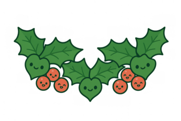 Kawaii christmas holly leaves and berries cartoon border or frame element, transparent background