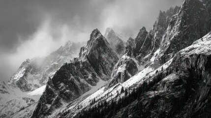 Striking monochrome view of jagged mountain peaks partly obscured by clouds and snow