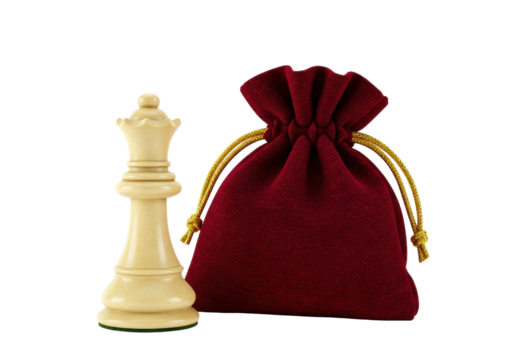 Isolated chess queen piece next to velvet drawstring bag ready for game play and tournament
