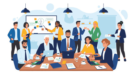 Group of diverse business people in a modern office setting, collaborating on a project.