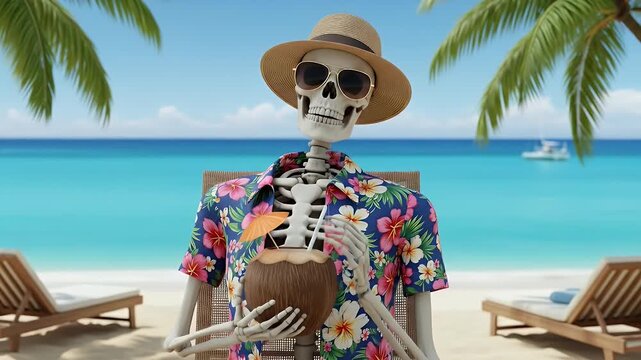 Skeleton Sips Coconut on Tropical Beach Vacation, Embracing Eternal Summer Vibes