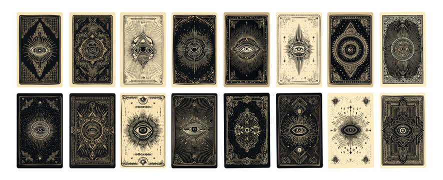 Occult tarot card backs cartoon vector set. Esoteric mystical symbols all seeing eye spiritual gold engravings fortune telling magic abstract celestial elements theme isolated on white backdrop