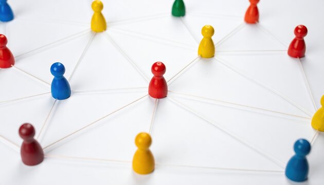 A colorful network of toy figures connected by string, with a white background and various colors 