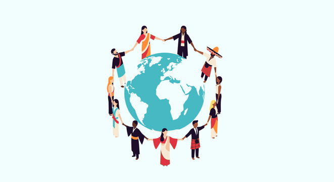 Diverse people holding hands around the world, symbolizing unity and global connection.