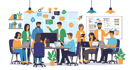 A diverse team of professionals collaborating and working together in a modern, open-plan office environment.