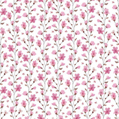 Delicate floral design with pink blossoms and soft green leaves on a light background