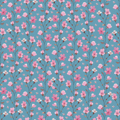 Delicate floral pattern with pink blossoms on a calming blue background