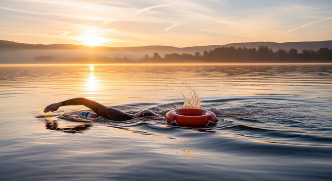 Swimmer in lake with lifebuoy training