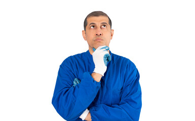 Portrait of a mechanic man in doubt and looking up isolated on white background