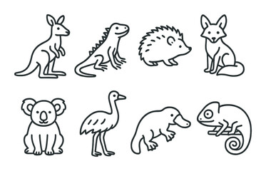 Naklejka premium Outlined animal icons set featuring koala kookaburra chameleon kangaroo platypus hedgehog