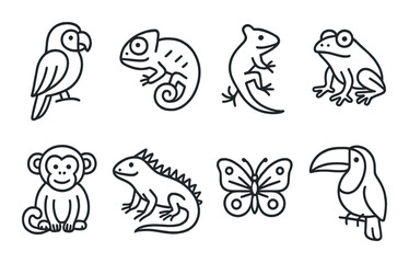 Obraz premium Animal icon set featuring reptiles birds amphibian insects on dark background
