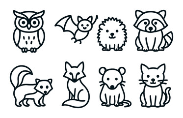 Cute woodland animals: owl, bat, hedgehog, raccoon, squirrel, fox, mouse, cat icons
